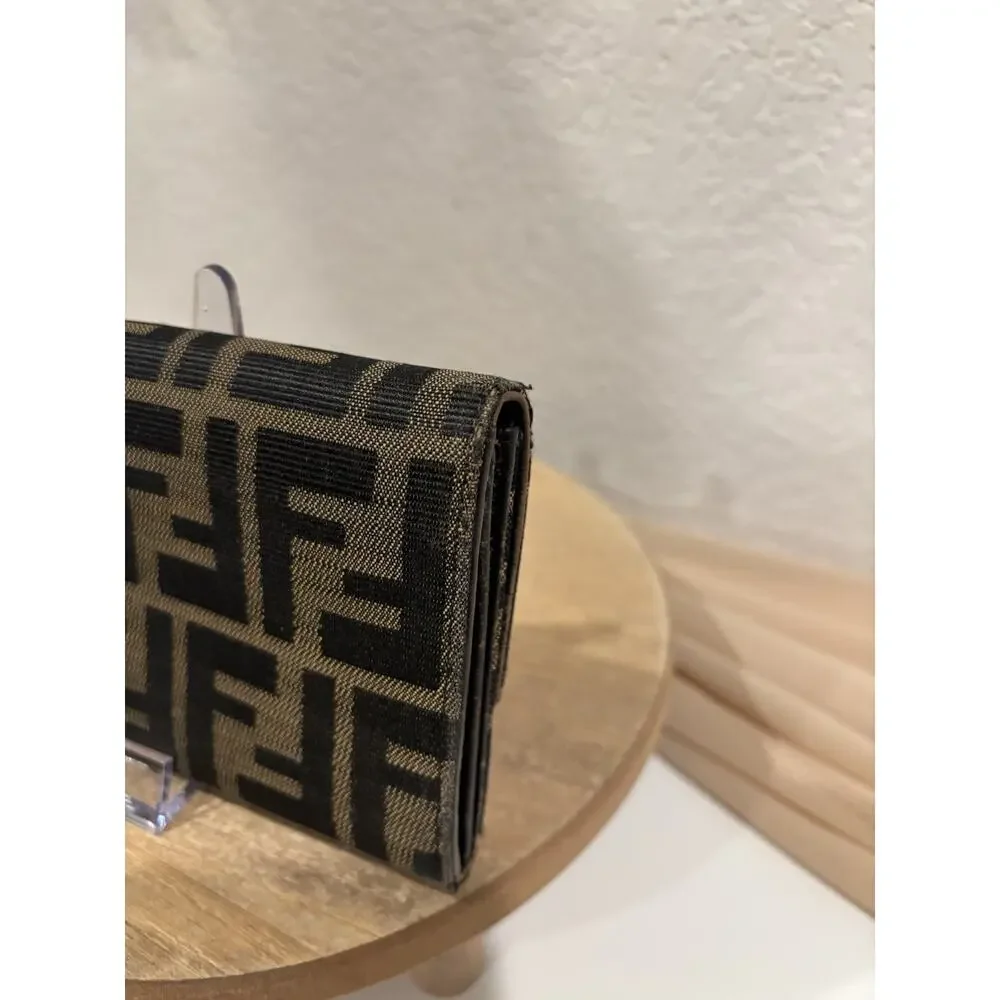 Fendi FF Zucca Logo Long Clutch Flap Wallet Credit Card Zipper Brown Black